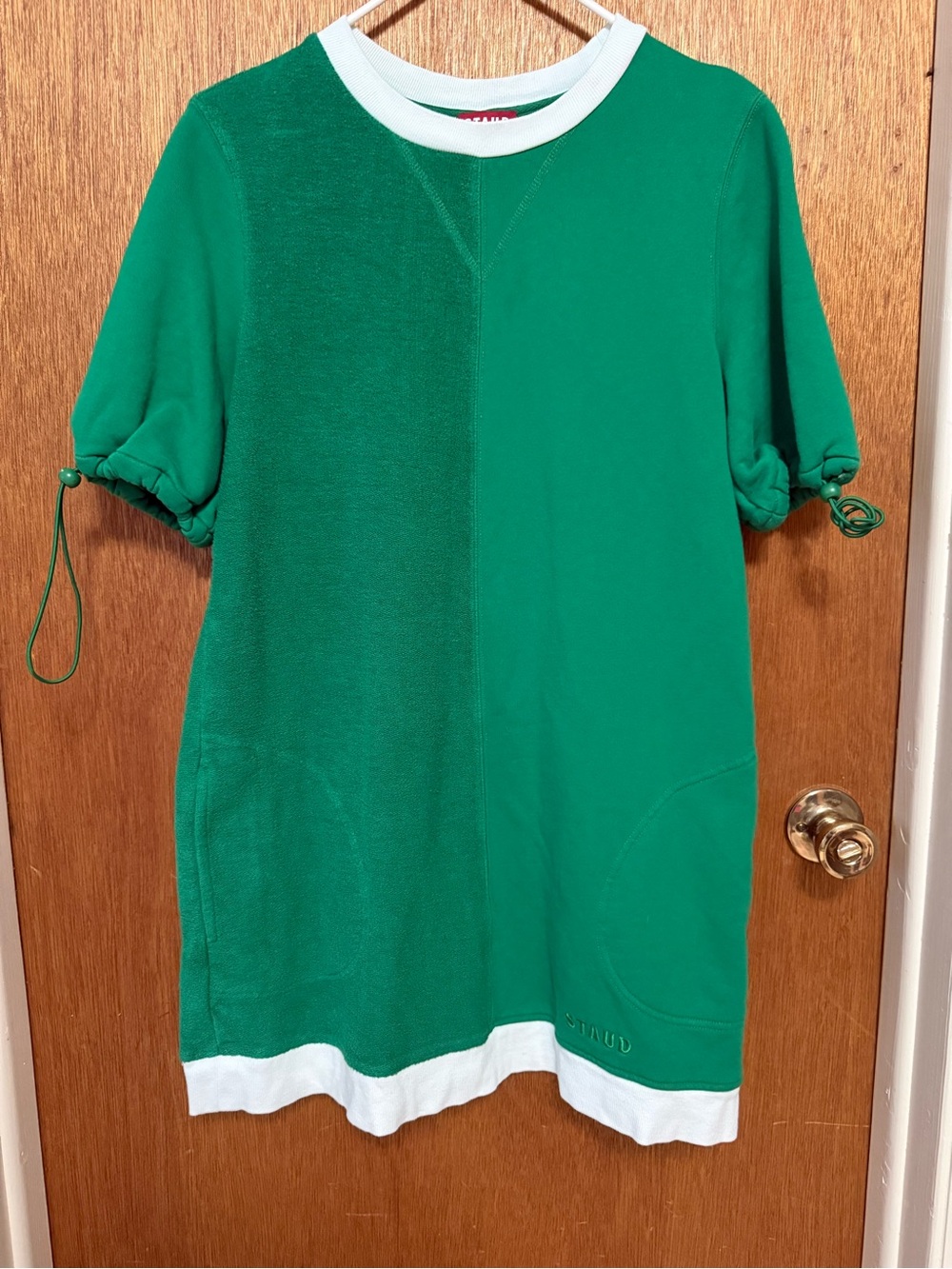 STAUD Green Women’s Short-Sleeve Dress with White Trim